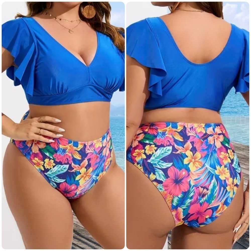Plus Size Blue V Neck Floral High Waist Bikini Set